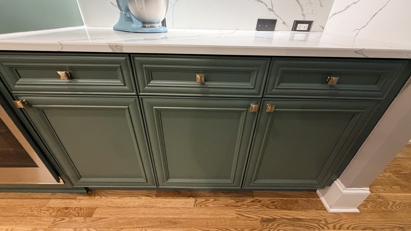 Real painted cabinet drawers and brass hardware, Rosemary green, a Cabinet Painting Guys client job