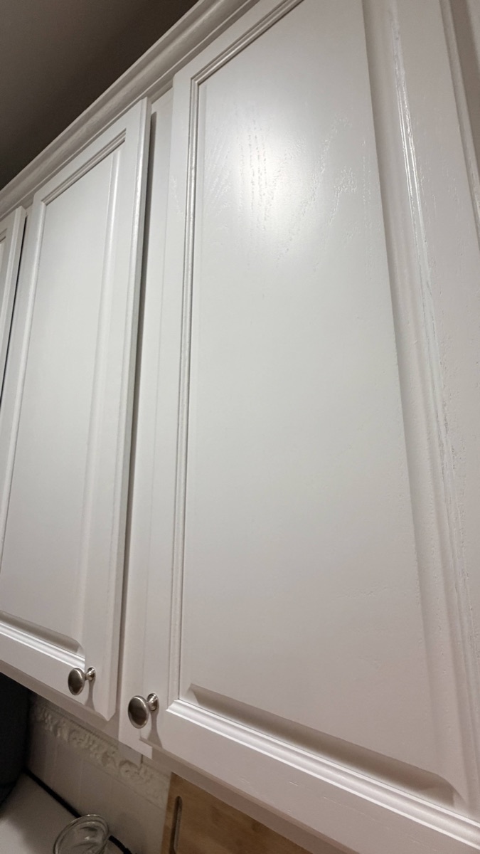 Close detail of the White Flour painted cabinet door finish, a Cabinet Painting Guys client job